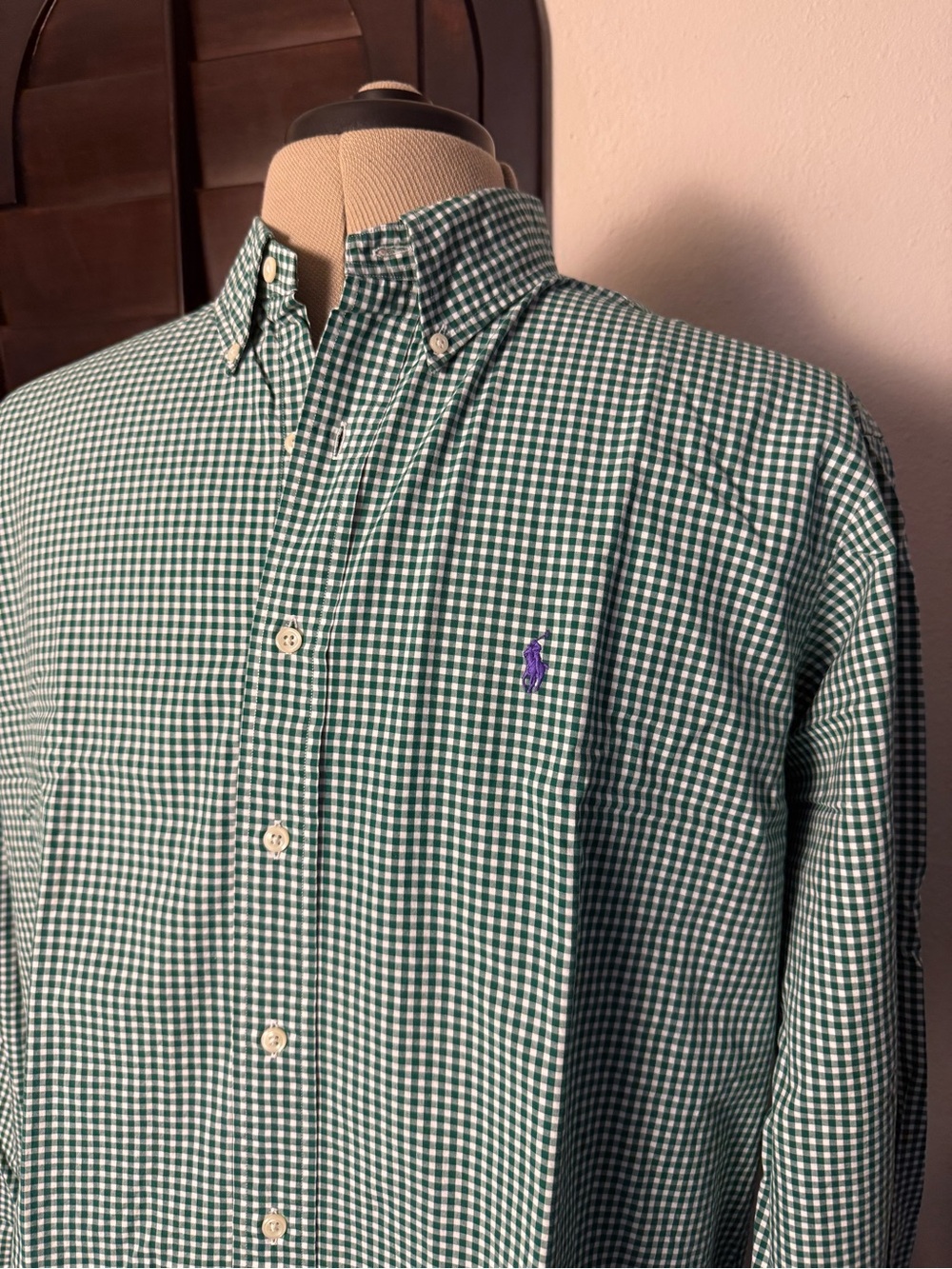 Polo Ralph Lauren Men's L Green Gingham Purple Pony Button-Down Shirt - Picture 2 of 6